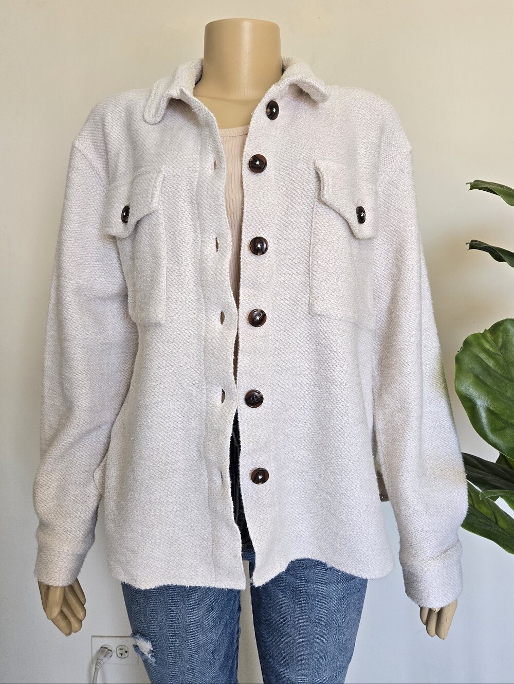 Sanctuary x Anthropologie Cream Textured Knit Shacket Size M Oversized Women's
